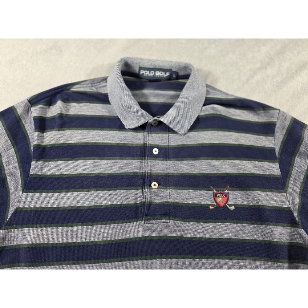 Polo Golf Ralph Lauren Shirt Large Gray Green Blue Striped Crest Polo Emblem VTG